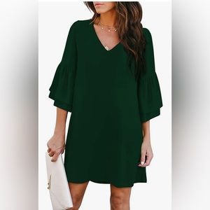 BELONGSCI V-Neck Bell Sleeve Shift Dress Mini Dress